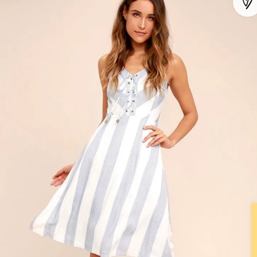 Lulus - Martha's Vineyard Blue and White Striped Lace-Up Midi Dress